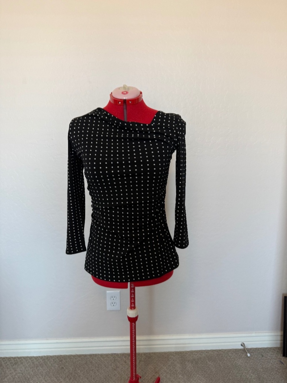 White House Black Market Black & White Polka Dot Draped Top